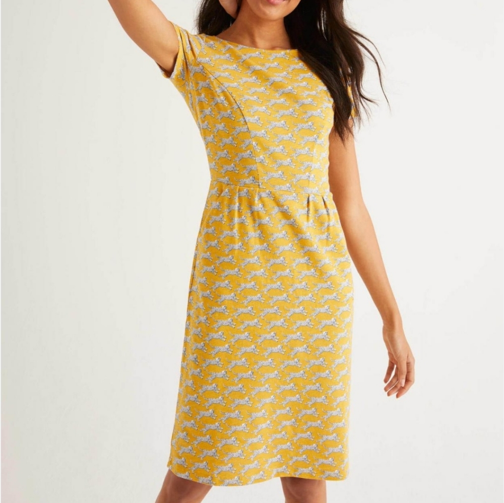 Boden Pheobe jersey dress 8R yellow, spotted cheetah